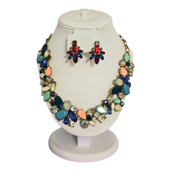 J Crew Multicolor Crystal Rhinestone Statement Necklace Unbranded Earring Set - Picture 4 of 16